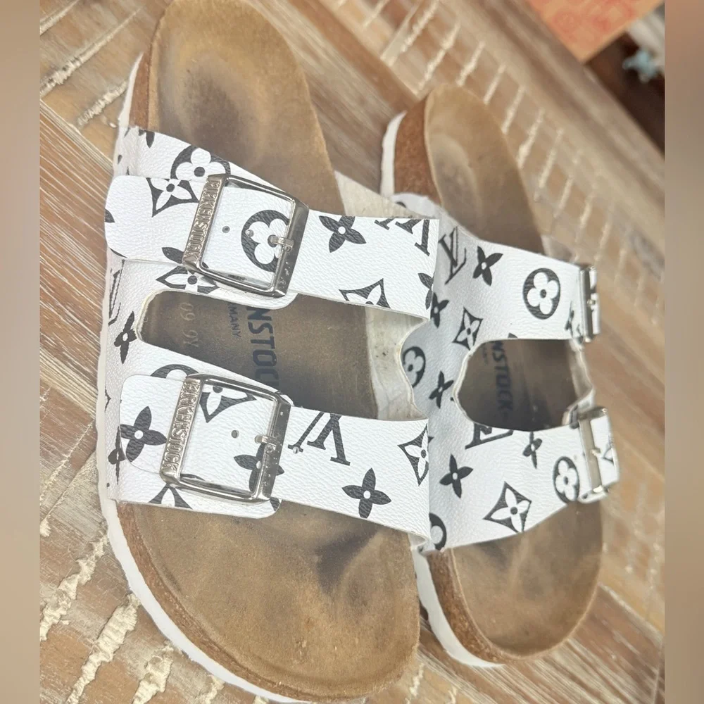 Birkenstock Custom White and Black Patterned Two-Strap Sandals - Picture 8 of 8